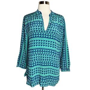 Amanda Uprichard Womens Silk Blouse Size Small Green Navy 3/4 Sleeve Pullover